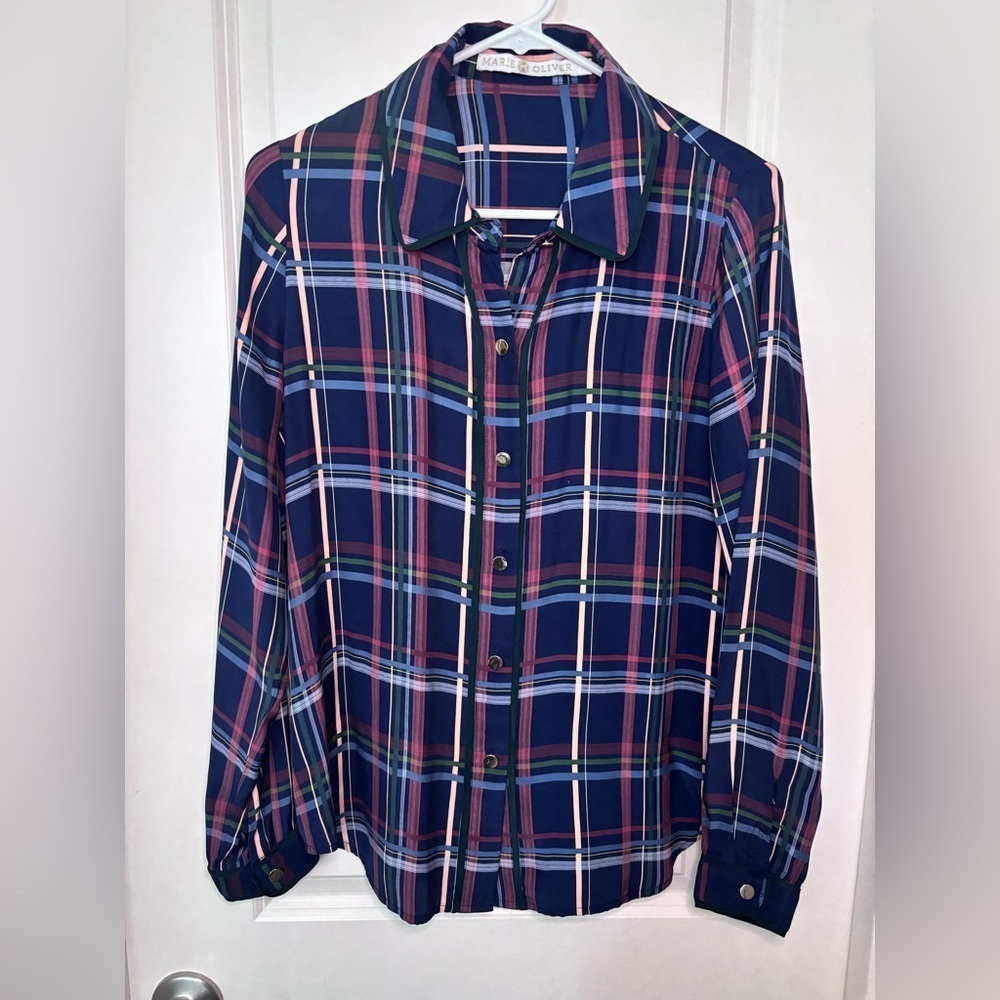 Marie Oliver Multicolor Plaid Silk Button Down Shirt with gold buttons